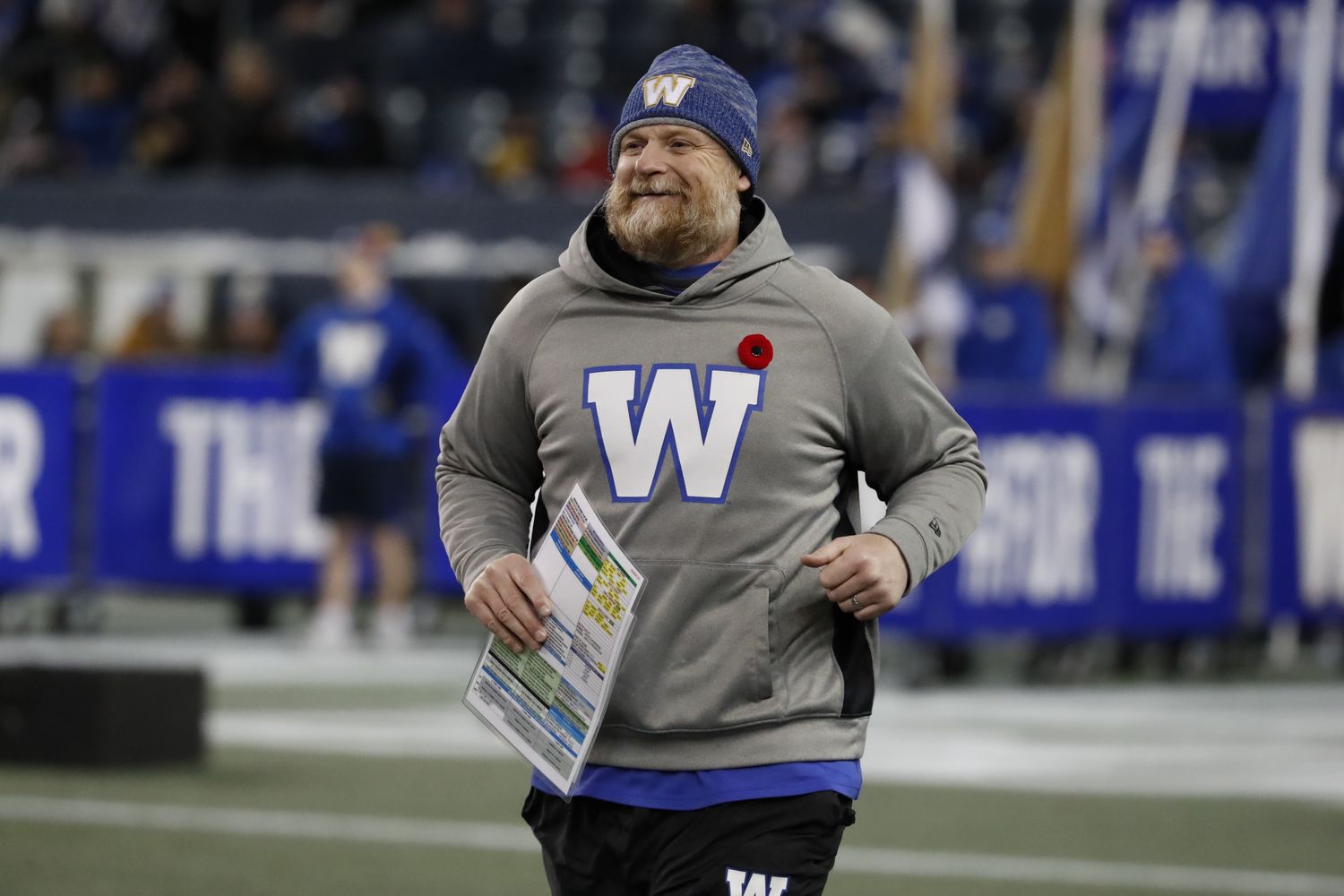 Nov 11, 2023; Winnipeg, Manitoba, CAN; Winnipeg Blue Bombers head coach Mike O'Shea enters the field prior to the game between the Winnipeg Blue Bombers and the BC Lions at IG Field. Mandatory Credit: Bruce Fedyck-USA TODAY Sports